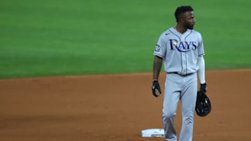 ARLINGTON, TEXAS - OCTOBER 27: Randy Arozarena #56 of the Tampa Bay Rays reacts after the end of the top of the fifth inning against the Los Angeles Dodgers in Game Six of the 2020 MLB World Series at Globe Life Field on October 27, 2020 in Arlington, Texas. (Photo by Ronald Martinez/Getty Images)