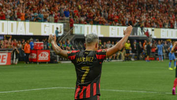 ATLANTA, GA AUGUST 011: Atlanta's Josef Martinez (7) acknowledges the crowd after he scored a first half goal during the MLS match between New York City FC and Atlanta United FC on August 11th, 2019 at Mercedes-Benz Stadium in Atlanta, GA. (Photo by Rich von Biberstein/Icon Sportswire via Getty Images)