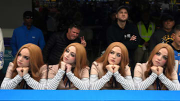 Jan 1, 2023; Inglewood, California, USA; Characters from the horror film M3GAN (Megan) pose during the game between the Los Angeles Chargers and the Los Angeles Rams at SoFi Stadium. Mandatory Credit: Kirby Lee-USA TODAY Sports