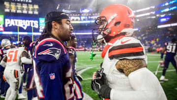 FOXBOROUGH, MA - OCTOBER 27: Stephon Gilmore #24 of the New England Patriots talks with Odell Beckham Jr. #13 of the Cleveland Browns after a game against the Cleveland Browns at Gillette Stadium on October 27, 2019 in Foxborough, Massachusetts. (Photo by Billie Weiss/Getty Images)