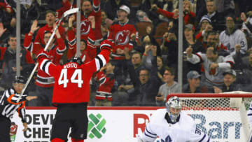 NEWARK, NJ - APRIL 05: Miles Wood #44 of the New Jersey Devils scores a goal at 17:02 of the second period against Frederik Andersen #31 of the Toronto Maple Leafs at the Prudential Center on April 5, 2018 in Newark, New Jersey. (Photo by Bruce Bennett/Getty Images)