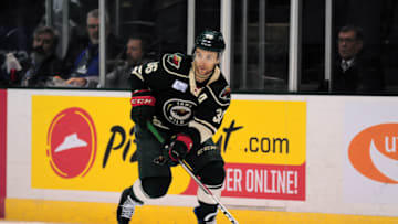 CEDAR PARK, TX - OCTOBER 19: Iowa Wild left winger Colton Beck moves with the puck during 5 - 4 loss to the Texas Stars on October 19, 2018, at the HEB Center in Cedar Park, TX. (Photo by John Rivera/Icon Sportswire via Getty Images)