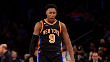 NEW YORK, NEW YORK - DECEMBER 23: RJ Barrett #9 of the New York Knicks reacts after a three-point basket against the Chicago Bulls during the second half at Madison Square Garden on December 23, 2022 in New York City. NOTE TO USER: User expressly acknowledges and agrees that, by downloading and or using this Photograph, user is consenting to the terms and conditions of the Getty Images License Agreement. (Photo by Adam Hunger/Getty Images)