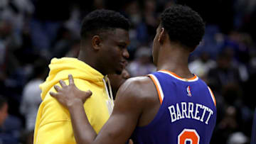 Zion Williamson #1 of the New Orleans Pelicans and RJ Barrett #9 of the New York Knicks (Photo by Sean Gardner/Getty Images)