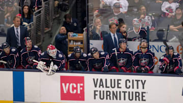 COLUMBUS, OH - OCTOBER 05: Columbus Blue Jackets head coach John Tortorella watches as six men are on the ice and Columbus Blue Jackets goaltender Sergei Bobrovsky (72) sits on the bench during the third period in a game between the Columbus Blue Jackets and the Carolina Hurricanes on October 05, 2018 at Nationwide Arena in Columbus, OH. The Hurricanes won 3-1. (Photo by Adam Lacy/Icon Sportswire via Getty Images)