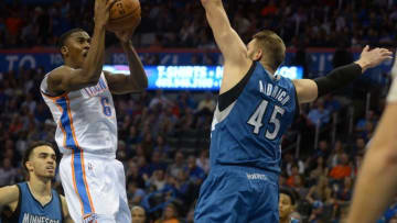 Nov 5, 2016; Oklahoma City, OK, USA; Oklahoma City Thunder guard Semaj Christon (6) shoots the ball over Minnesota Timberwolves center Cole Aldrich (45) during the fourth quarter at Chesapeake Energy Arena. Mandatory Credit: Mark D. Smith-USA TODAY Sports