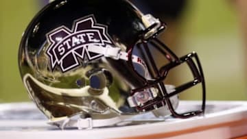 Nov 28, 2013; Starkville, MS, USA; Mississippi State Bulldogs helmet during the game against the Mississippi Rebels at Davis Wade Stadium. Mandatory Credit: Spruce Derden-USA TODAY Sports