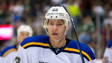 Oct 10, 2015; Saint Paul, MN, USA; St Louis Blues forward Dmitrij Jaskin (23) in the third period against the Minnesota Wild at Xcel Energy Center. The Minnesota Wild beat the St Louis Blues 3-2. Mandatory Credit: Brad Rempel-USA TODAY Sports