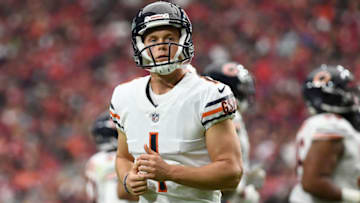 GLENDALE, AZ - SEPTEMBER 23: Kicker Cody Parkey #1 of the Chicago Bears reacts on the field after kicking an extra point in the game against the Arizona Cardinals at State Farm Stadium on September 23, 2018 in Glendale, Arizona. The Chicago Bears won 16-14. (Photo by Jennifer Stewart/Getty Images)