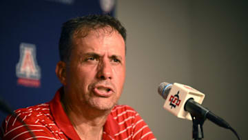 Sep 3, 2022; San Diego, California, USA; Arizona Wildcats head coach Jedd Fisch speaks to the media after the game against the San Diego State Aztecs at Snapdragon Stadium. Mandatory Credit: Orlando Ramirez-USA TODAY Sports