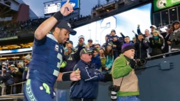Dec 28, 2014; Seattle, WA, USA; Seattle Seahawks quarterback Russell Wilson (3) returns to the locker room following a 20-6 victory against the St. Louis Rams at CenturyLink Field. Mandatory Credit: Joe Nicholson-USA TODAY Sports