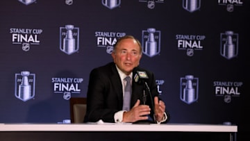 DENVER, COLORADO - JUNE 15: NHL Commissioner Gary Bettman speaks during a press conference prior to Game One of the 2022 NHL Stanley Cup Final at Ball Arena on June 15, 2022 in Denver, Colorado. (Photo by Bruce Bennett/Getty Images)