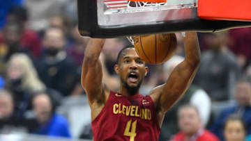 Feb 8, 2023; Cleveland, Ohio, USA; Cleveland Cavaliers forward Evan Mobley (4) dunks in the first quarter against the Detroit Pistons at Rocket Mortgage FieldHouse. Mandatory Credit: David Richard-USA TODAY Sports
