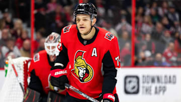 OTTAWA, ON - JANUARY 31: Ottawa Senators Defenceman Mark Borowiecki (74) keeps eyes on the play during third period National Hockey League action between the Washington Capitals and Ottawa Senators on January 31, 2020, at Canadian Tire Centre in Ottawa, ON, Canada. (Photo by Richard A. Whittaker/Icon Sportswire via Getty Images)