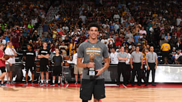 LAS VEGAS, NV - JULY 17: Lonzo Ball #2 of the Los Angeles Lakers receives the MGM Resorts NBA Summer League MVP Award before the game against the Portland Trail Blazers during the 2017 Summer League Finals on July 17, 2017 at the Thomas & Mack Center in Las Vegas, Nevada. NOTE TO USER: User expressly acknowledges and agrees that, by downloading and/or using this Photograph, user is consenting to the terms and conditions of the Getty Images License Agreement. Mandatory Copyright Notice: Copyright 2017 NBAE (Photo by Garrett Ellwood/NBAE via Getty Images)