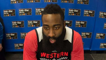 Feb 14, 2015; New York, NY, USA; Western Conference guard James Harden of the Houston Rockets (13) addresses the media during practice at Madison Square Garden. Mandatory Credit: Kyle Terada-USA TODAY Sports