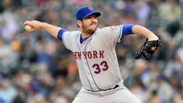 May 13, 2016; Denver, CO, USA; New York Mets starting pitcher Matt Harvey (33) delivers a pitch in the first inning against the Colorado Rockies at Coors Field. Mandatory Credit: Ron Chenoy-USA TODAY Sports