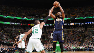 BOSTON, MA - MARCH 22: Al Jefferson #7 of the Indiana Pacers shoots the ball against the Boston Celtics during the game on March 22, 2017 at the TD Garden in Boston, Massachusetts. NOTE TO USER: User expressly acknowledges and agrees that, by downloading and or using this photograph, User is consenting to the terms and conditions of the Getty Images License Agreement. Mandatory Copyright Notice: Copyright 2017 NBAE (Photo by Brian Babineau/NBAE via Getty Images)