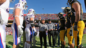 Kansas Jayhawks, Missouri Tigers. (Photo by Tim Umphrey/Getty Images)