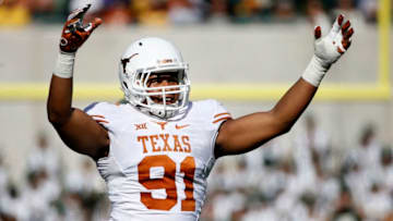 WACO, TX - DECEMBER 5: Bryce Cottrell #91 of the Texas Longhorns reacts against the Baylor Bears at McLane Stadium on December 5, 2015 in Waco, Texas. (Photo by Ron Jenkins/Getty Images)