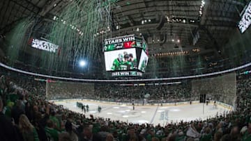 Apr 16, 2016; Dallas, TX, USA; The Dallas Stars celebrate the win over the Minnesota Wild in game two of the first round of the 2016 Stanley Cup Playoffs at the American Airlines Center. The Stars defeat the Wild 2-1. Mandatory Credit: Jerome Miron-USA TODAY Sports