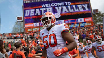 Clemson offensive lineman Kaleb Boateng (50) runs on the field before the Clemson spring game at Memorial Stadium Saturday, April 6, 2019.Josh Clemson046