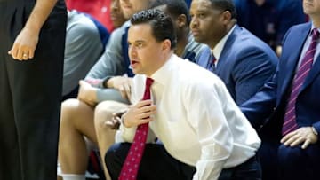 Feb 27, 2016; Salt Lake City, UT, USA; Arizona Wildcats head coach Sean Miller watches the action during the first half against the Utah Utes at Jon M. Huntsman Center. Mandatory Credit: Russ Isabella-USA TODAY Sports