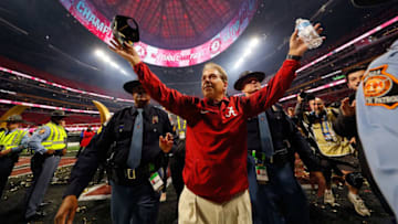 ATLANTA, GA - JANUARY 08: Head coach Nick Saban of the Alabama Crimson Tide celebrates beating the Georgia Bulldogs in overtime to win the CFP National Championship presented by AT