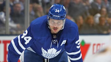 Auston Matthews #34 of the Toronto Maple Leafs waits for play to resume against the Buffalo Sabres during an NHL game at Scotiabank Arena. Photo by Claus Andersen/Getty Images)