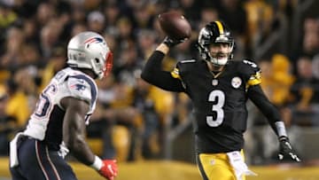 Oct 23, 2016; Pittsburgh, PA, USA; Pittsburgh Steelers quarterback Landry Jones (3) throw a pass in front of New England Patriots defensive lineman Anthony Johnson (96) during the second half at Heinz Field. The Patriots won 27-16. Mandatory Credit: Jason Bridge-USA TODAY Sports