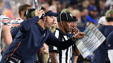 LOS ANGELES, CA - NOVEMBER 17: Head coach Matt Nagy of the Chicago Bears yells from the sidelines in the second half of the game against the Los Angeles Rams at the Los Angeles Memorial Coliseum on November 17, 2019 in Los Angeles, California. (Photo by Jayne Kamin-Oncea/Getty Images)