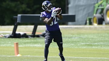 Jun 14, 2016; Baltimore, MD, USA; Baltimore Ravens tight end Benjamin Watson (82) catches a pass during the first day of minicamp sessions at Under Armour Performance Center. Mandatory Credit: Tommy Gilligan-USA TODAY Sports
