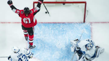 OTTAWA, ON - OCTOBER 21: Ottawa Senators Right Wing Mark Stone (61) celebrates a Senators goal as Toronto Maple Leafs Center Nazem Kadri (43) and Toronto Maple Leafs Goalie Frederik Andersen (31) look on during the NHL game between the Ottawa Senators and the Toronto Maple Leafs on Oct. 21, 2017 at the Canadian Tire Centre in Ottawa, Ontario, Canada. (Photo by Steven Kingsman/Icon Sportswire via Getty Images)
