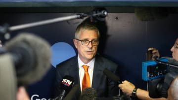 Oct 17, 2018; Houston, TX, USA; Houston Astros general manager Jeff Luhnow addresses the media in regards to a cell phone usage accusation before game four of the 2018 ALCS playoff baseball series against the Boston Red Sox at Minute Maid Park. Mandatory Credit: John Glaser-USA TODAY Sports
