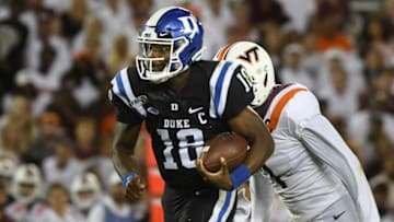 BLACKSBURG, VA - SEPTEMBER 27: Quarterback Quentin Harris #18 of the Duke Blue Devils rushes during a long touchdown run against the Virginia Tech Hokies at Lane Stadium on September 27, 2019 in Blacksburg, Virginia. (Photo by Michael Shroyer/Getty Images)