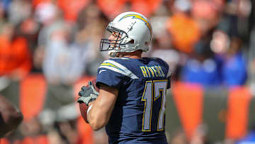 CLEVELAND, OH - OCTOBER 14: Los Angeles Chargers quarterback Philip Rivers (17) looks to pass during the second quarter of the National Football League game between the Los Angeles Chargers and Cleveland Browns on October 14, 2018, at FirstEnergy Stadium in Cleveland, OH. Los Angeles defeated Cleveland 38-14. (Photo by Frank Jansky/Icon Sportswire via Getty Images)