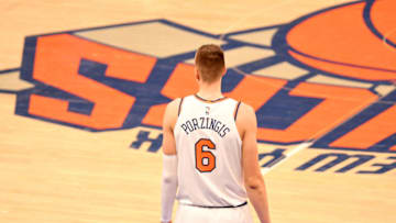 NEW YORK, NY - DECEMBER 25: Kristaps Porzingis #6 of the New York Knicks during the game against the Philadelphia 76ers on December 25, 2017 at Madison Square Garden in New York City, New York. Copyright 2017 NBAE (Photo by Matteo Marchi/NBAE via Getty Images)