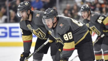 LAS VEGAS, NV - FEBRUARY 11: (L-R) Alex Tuch #89 and Nate Schmidt #88 of the Vegas Golden Knights await a face-off against the Philadelphia Flyers during the game at T-Mobile Arena on February 11, 2018 in Las Vegas, Nevada. (Photo by David Becker/NHLI via Getty Images)