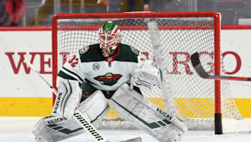 PHILADELPHIA, PA - JANUARY 14: Alex Stalock #32 of the Minnesota Wild warms up against the Philadelphia Flyers on January 14, 2019 at the Wells Fargo Center in Philadelphia, Pennsylvania. (Photo by Len Redkoles/NHLI via Getty Images)