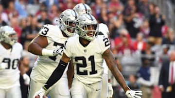 GLENDALE, AZ - NOVEMBER 18: Gareon Conley #21 of the Oakland Raiders celebrates an interception in the first half of the NFL game against the Arizona Cardinals at State Farm Stadium on November 18, 2018 in Glendale, Arizona. (Photo by Jennifer Stewart/Getty Images)
