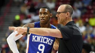 LAS VEGAS, NEVADA - JULY 07: RJ Barrett #8 of the New York Knicks talks with Knicks Summer League head coach Jud Buechler during a game against the Phoenix Suns during the 2019 NBA Summer League at the Thomas & Mack Center on July 7, 2019 in Las Vegas, Nevada. NOTE TO USER: User expressly acknowledges and agrees that, by downloading and or using this photograph, User is consenting to the terms and conditions of the Getty Images License Agreement. (Photo by Ethan Miller/Getty Images)