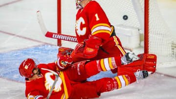 Oct 14, 2016; Calgary, Alberta, CAN; Calgary Flames goalie Brian Elliott (1) reacts to the goal by Edmonton Oilers center Leon Draisaitl (not pictured) during the third period at Scotiabank Saddledome. Edmonton Oilers won 5-3. Mandatory Credit: Sergei Belski-USA TODAY Sports