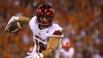 Oct 1, 2016; Clemson, SC, USA; Louisville Cardinals tight end Cole Hikutini (18) carries the ball during the third quarter against the Clemson Tigers at Clemson Memorial Stadium. Mandatory Credit: Joshua S. Kelly-USA TODAY Sports