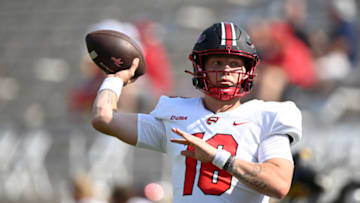 Sep 17, 2022; Bloomington, Indiana, USA; Western Kentucky Hilltoppers quarterback Austin Reed (16) throws a pass during warm ups before the game against the Indiana Hoosiers at Memorial Stadium. Mandatory Credit: Marc Lebryk-USA TODAY Sports