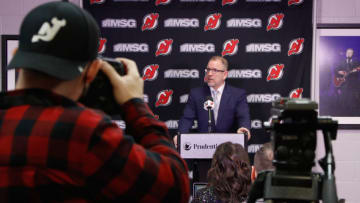 General manager Tom Fitzgerald of the New Jersey Devils announces a contract extension for Jack Hughes prior to the game against the San Jose Sharks at the Prudential Center on November 30, 2021 in Newark, New Jersey. (Photo by Bruce Bennett/Getty Images)