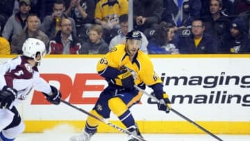 Feb 24, 2015; Nashville, TN, USA; Nashville Predators center Mike Ribeiro (63) looks to pass the puck during the first period against the Colorado Avalanche at Bridgestone Arena. Mandatory Credit: Christopher Hanewinckel-USA TODAY Sports