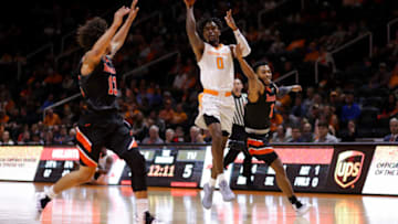 KNOXVILLE, TN - OCTOBER 31: Jordan Bone #0 of the Tennessee Volunteers passes the ball during the game between the Tusculum Pioneers and the Tennessee Volunteers at Thompson-Boling Arena on October 31, 2018 in Knoxville, Tennessee. (Photo by Donald Page/Getty Images)