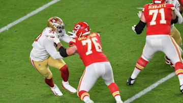 Guard for the Kansas City Chiefs Laurent Duvernay-Tardif in action during Super Bowl LIV between the Kansas City Chiefs and the San Francisco 49ers at Hard Rock Stadium in Miami Gardens, Florida, on February 2, 2020. (Photo by Angela Weiss / AFP) (Photo by ANGELA WEISS/AFP via Getty Images)