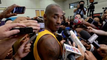 Sep 29, 2014; Los Angeles, CA, USA; Los Angeles Lakers guard Kobe Bryant (24) answers questions during media day at the team practice facility in El Segundo. Mandatory Credit: Jayne Kamin-Oncea-USA TODAY Sports