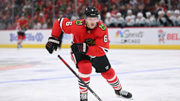 Oct 23, 2022; Chicago, Illinois, USA; Chicago Blackhawks defenseman Jake McCabe (6) skates against the Seattle Kraken at United Center. Mandatory Credit: Jamie Sabau-USA TODAY Sports